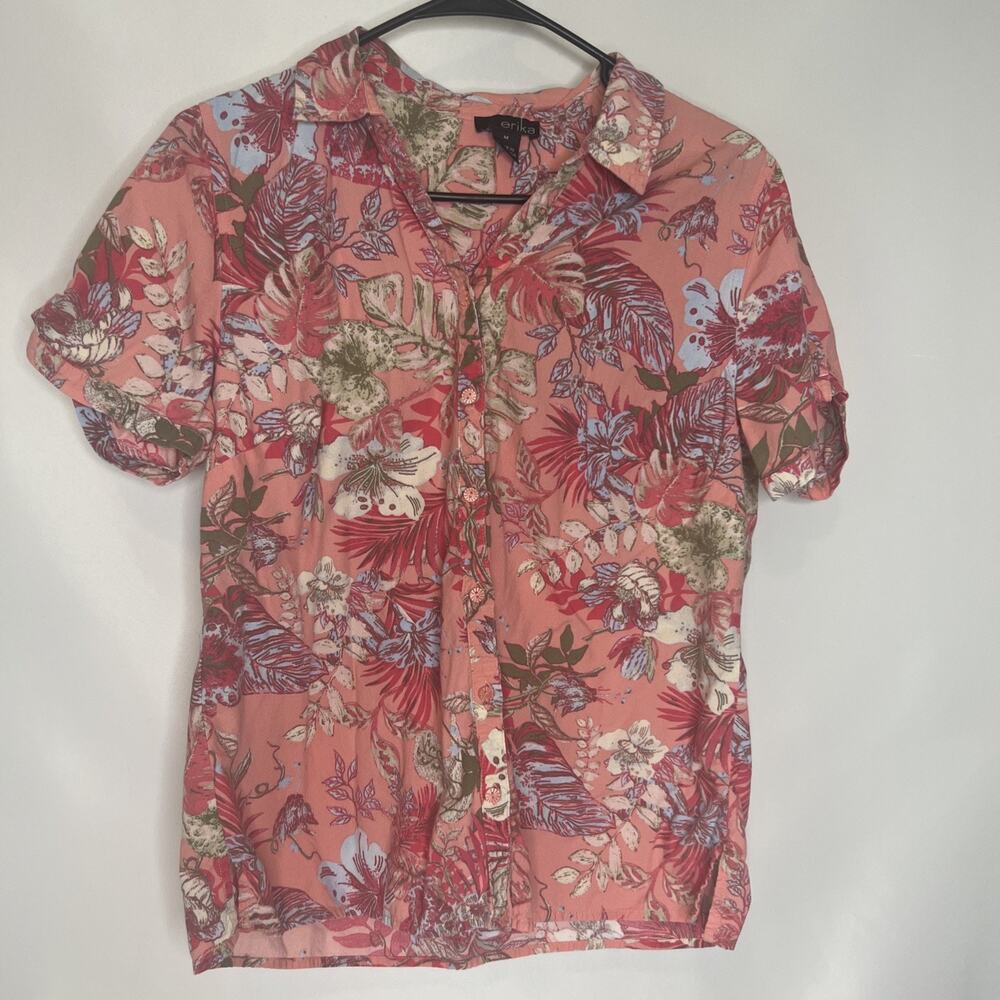 ERIKA Colorful Floral Print Womens Sz M Casual or Dress Style Button Up Shirt